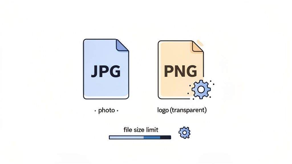 An illustration comparing JPG and PNG file types for photos and transparent logos, with a file size limit bar.