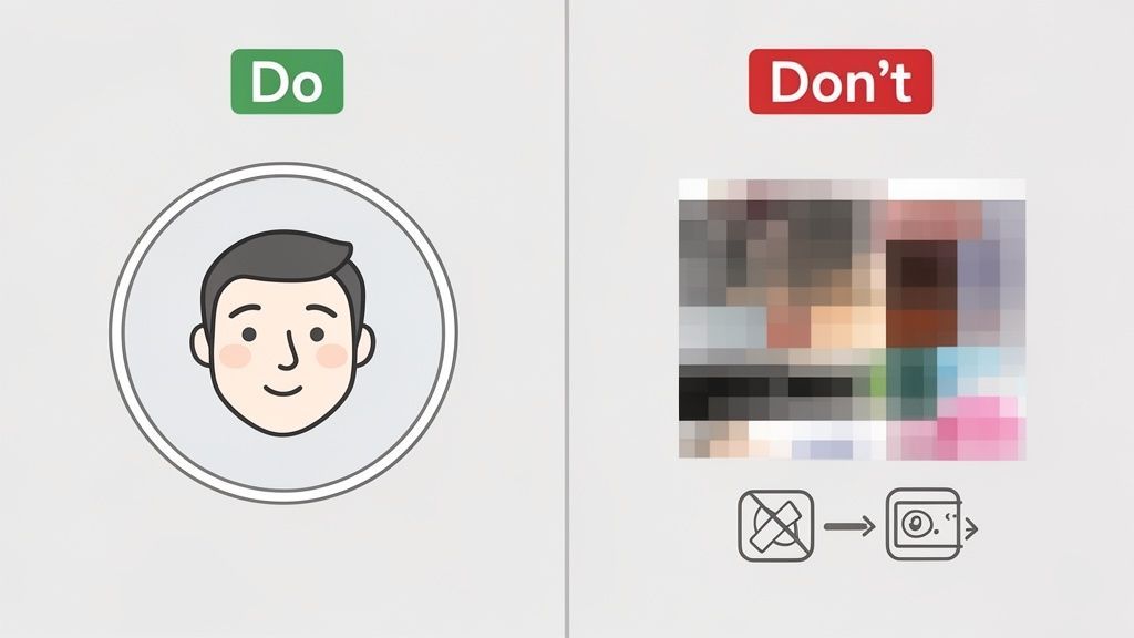 Illustration shows a clear profile picture (Do) and a blurred, pixelated image (Don't) for contrast.