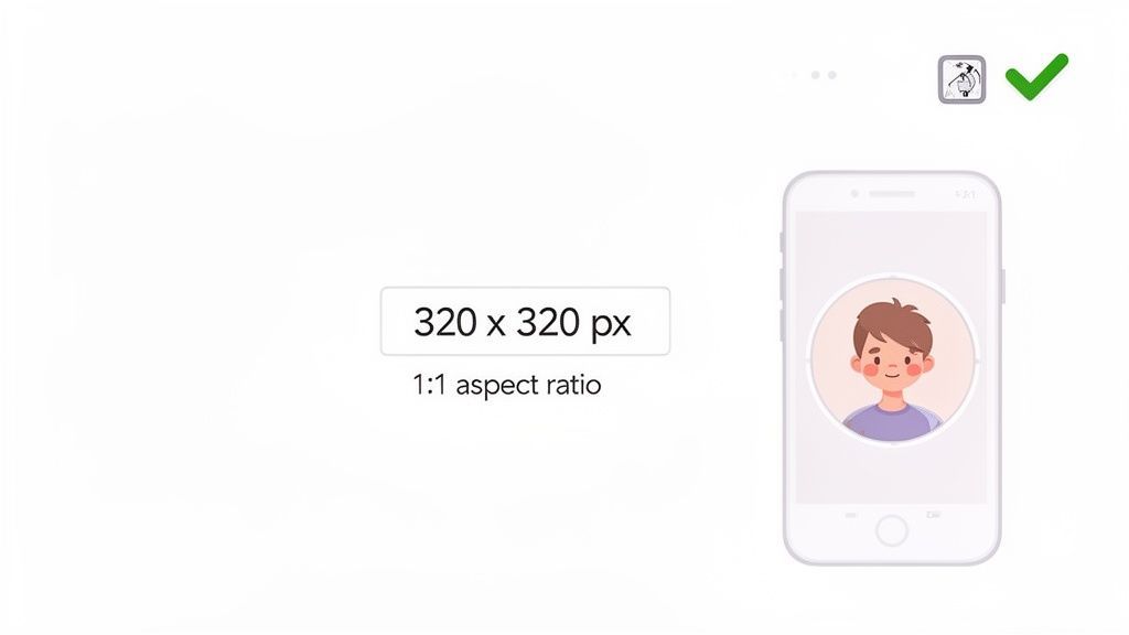 Image showing optimal dimensions (320x320 px, 1:1 aspect ratio) for an Instagram profile picture on a smartphone.