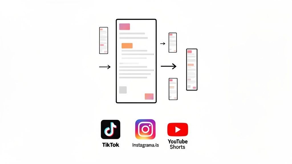 Illustration of content being adapted from one format for distribution on TikTok, Instagram, and YouTube Shorts.