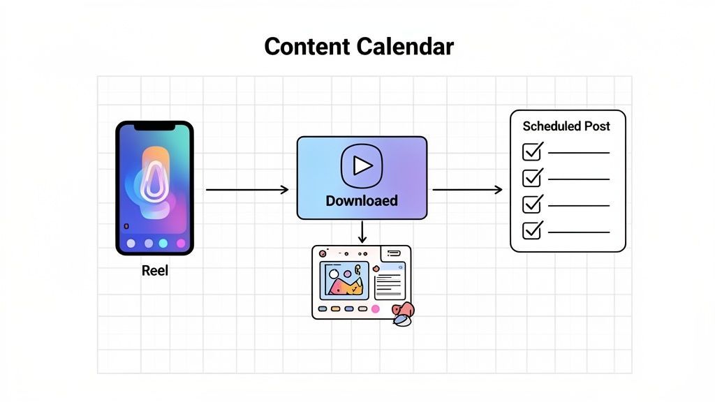 Flowchart illustrating content management: a video reel is downloaded, then scheduled or prepared for posting.
