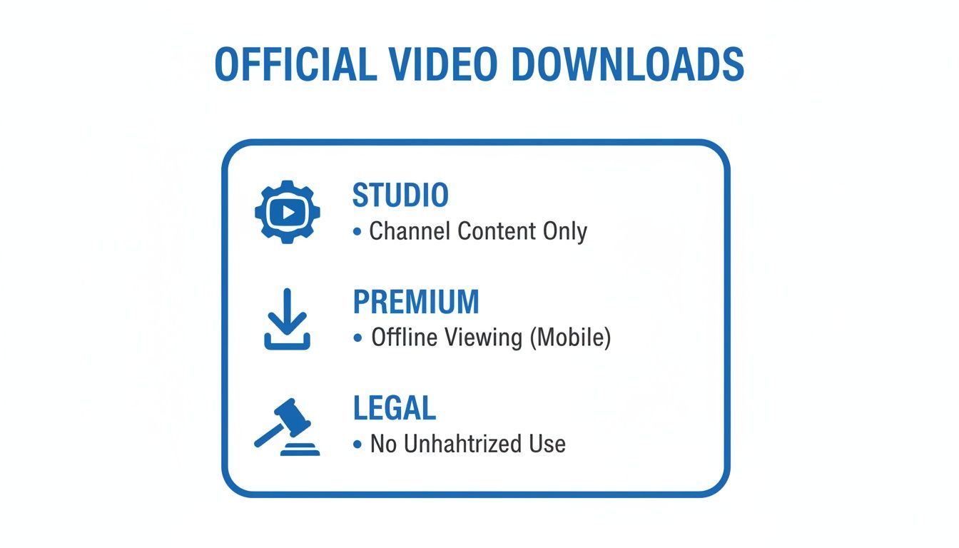 Infographic detailing official video download options: Studio for channel content, Premium for mobile offline viewing, and Legal terms.