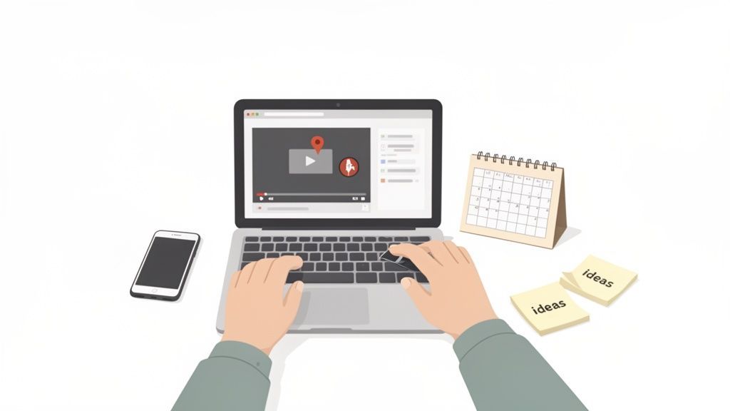 Top-down view of hands typing on a laptop displaying a video, with a phone, calendar, and 'ideas' notes.