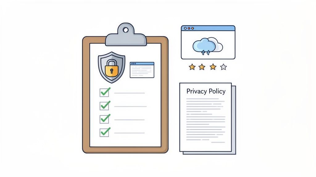 Illustration depicting data privacy and security with a checklist, cloud storage, and privacy policy documents.