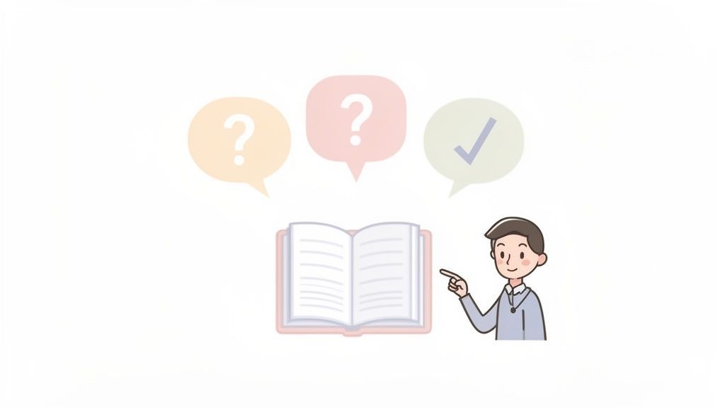 A cartoon man points at an open book with question marks and a checkmark above.