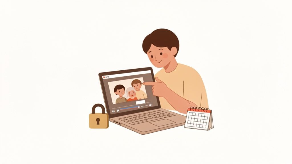 A person points at a laptop displaying a family video, with a padlock and calendar, symbolizing private digital content.