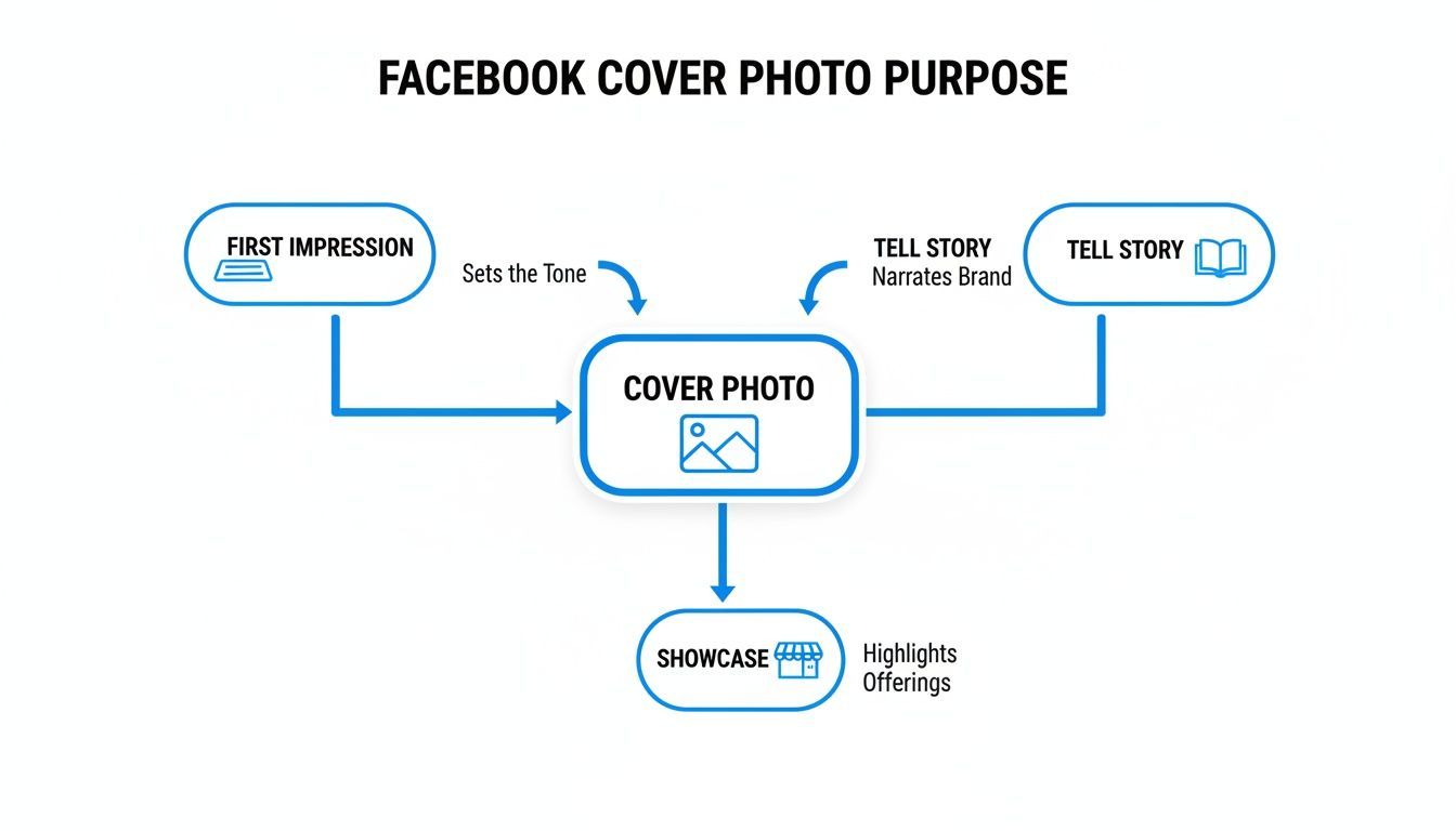 Flowchart illustrating the multiple purposes of a Facebook cover photo: first impression, brand story, and showcasing offerings.