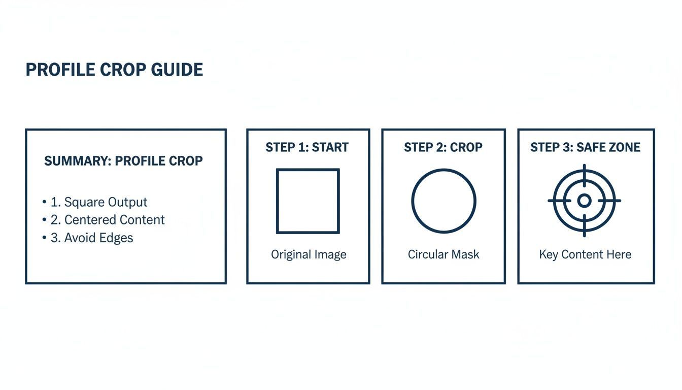 A visual guide illustrating three steps for cropping a profile image to ensure centered content within a circular mask.