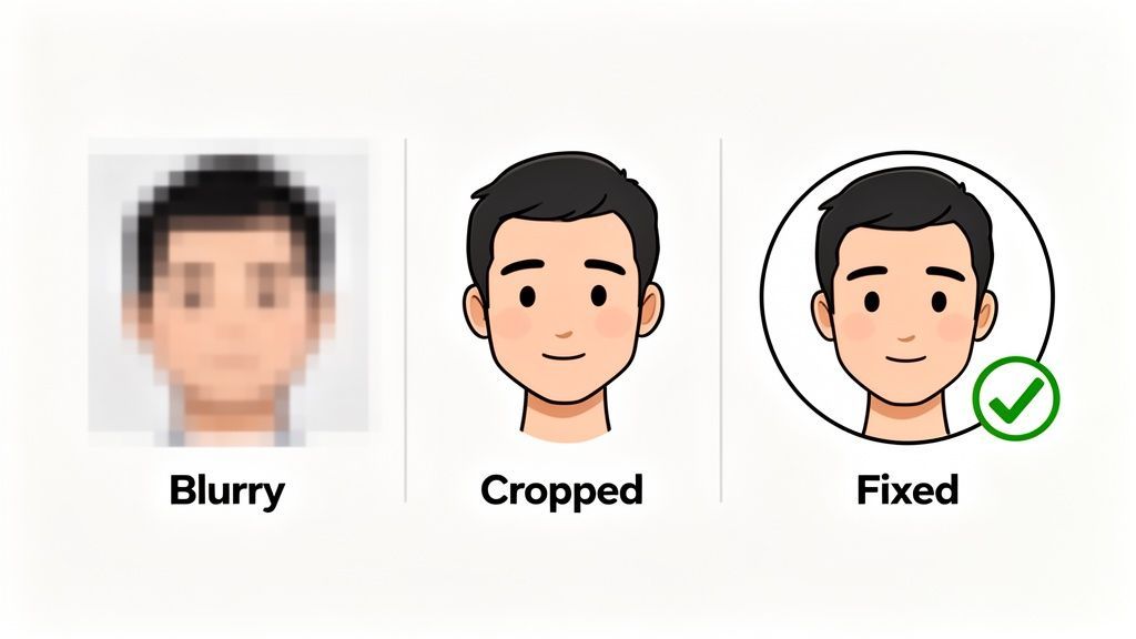 A three-panel comparison showing a blurry profile image, a clear cropped image, and a fixed circular profile picture with a green checkmark.