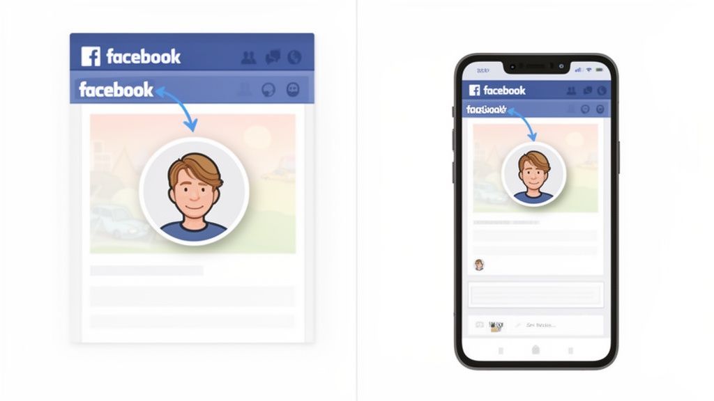 Desktop and mobile views of Facebook profiles, illustrating the connection between the 'Facebook' name and the profile picture.