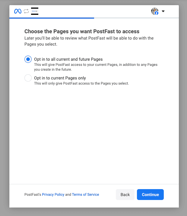 Facebook OAuth screen showing the two radio options: Select all current and future Pages, and Select only current Pages