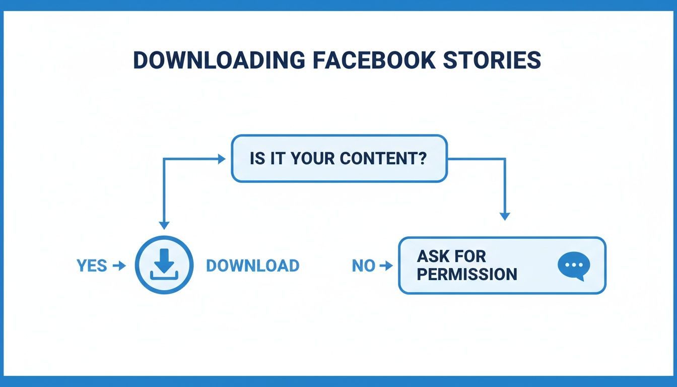 Flowchart explaining how to download Facebook stories: if it's your content, download; otherwise, ask for permission.