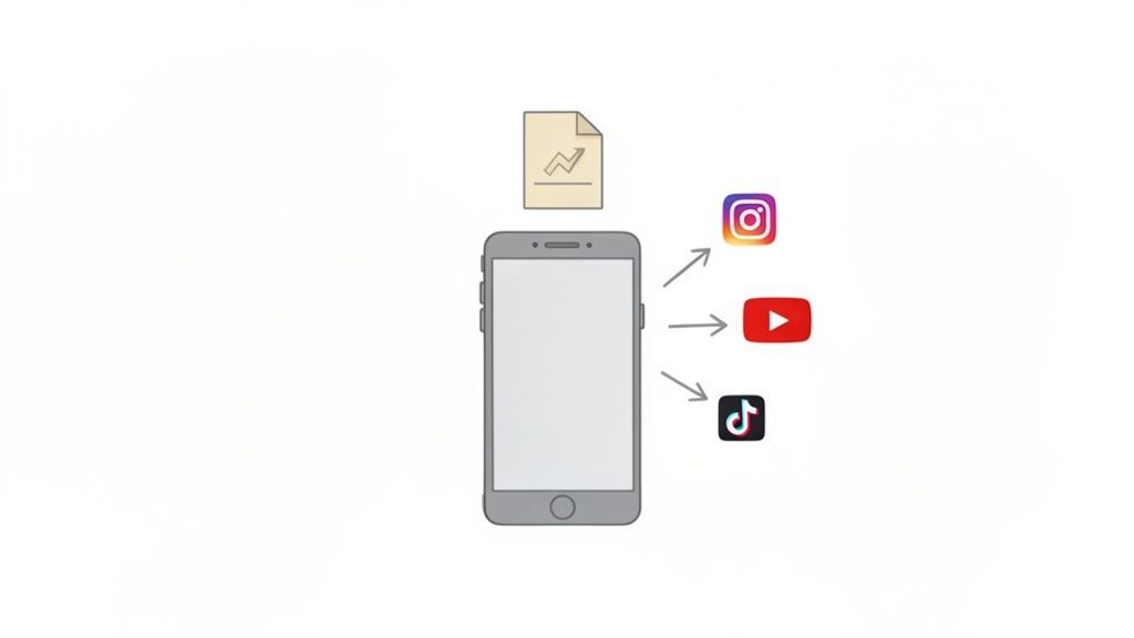 A smartphone sending content to Instagram, YouTube, and TikTok, with a graph icon above it.