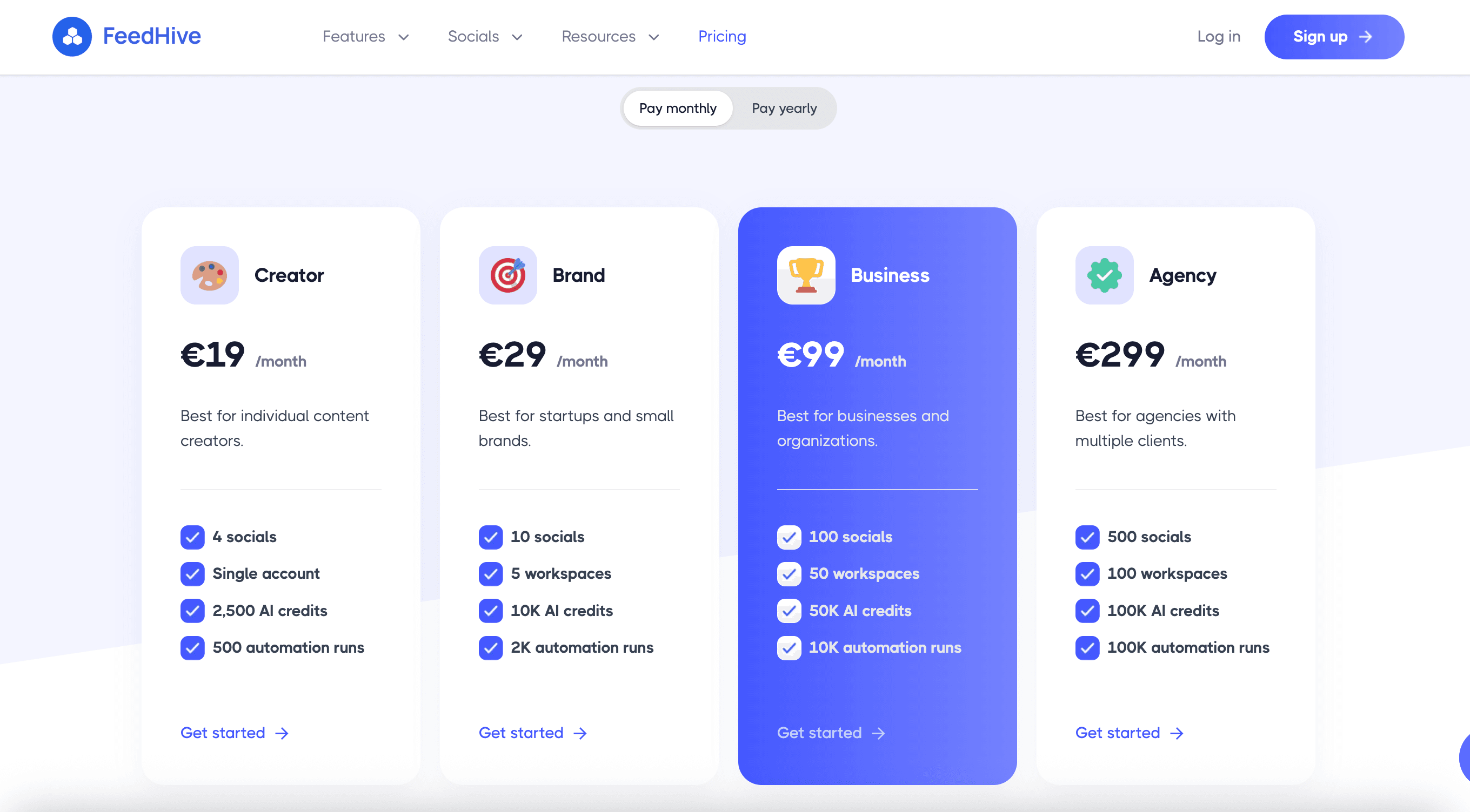 FeedHive pricing page showing Creator €19/mo, Brand €29/mo, Business €99/mo, and Agency €299/mo plans (billed monthly)