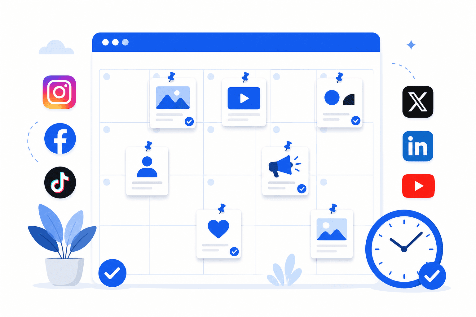 Social media content calendar with scheduled posts pinned in a grid, social platform icons, and a scheduling clock