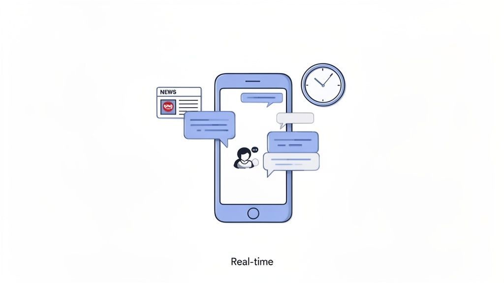 An illustration of a mobile phone showing real-time chat messages, news, and a clock.
