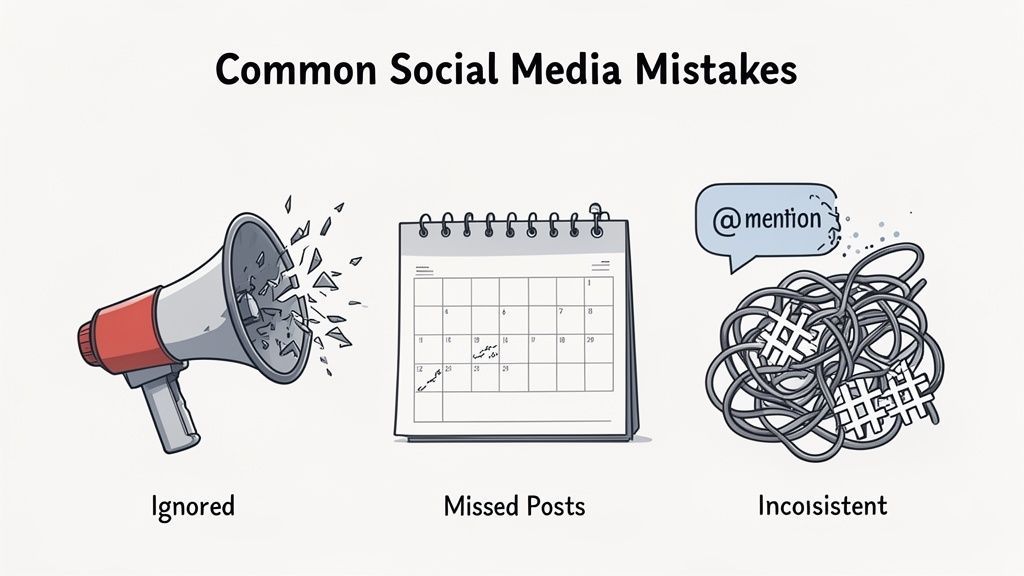 Three illustrations show common social media mistakes: ignored posts, missed schedules, and inconsistent content.