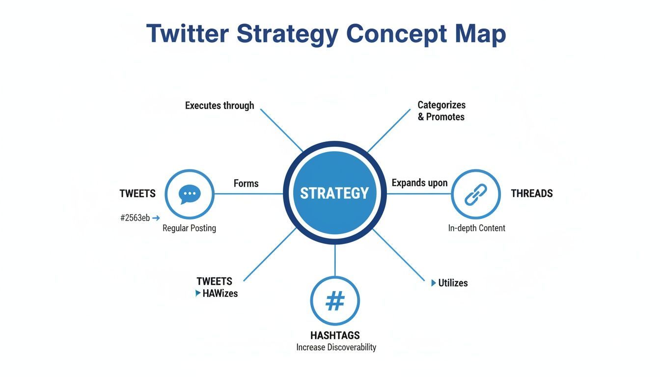 A Twitter strategy concept map showing how strategy connects to tweets, threads, and hashtags.