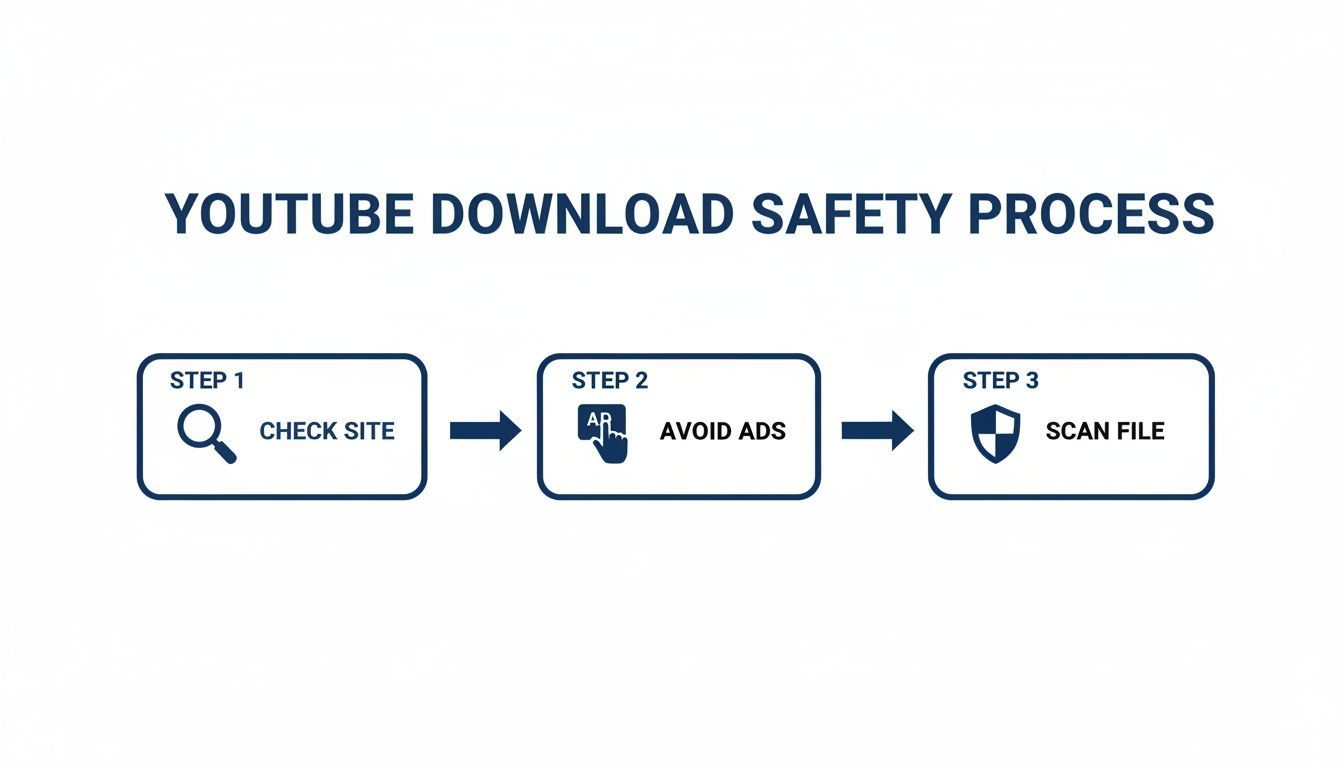 A three-step diagram outlining the YouTube download safety process: check site, avoid ads, and scan file.