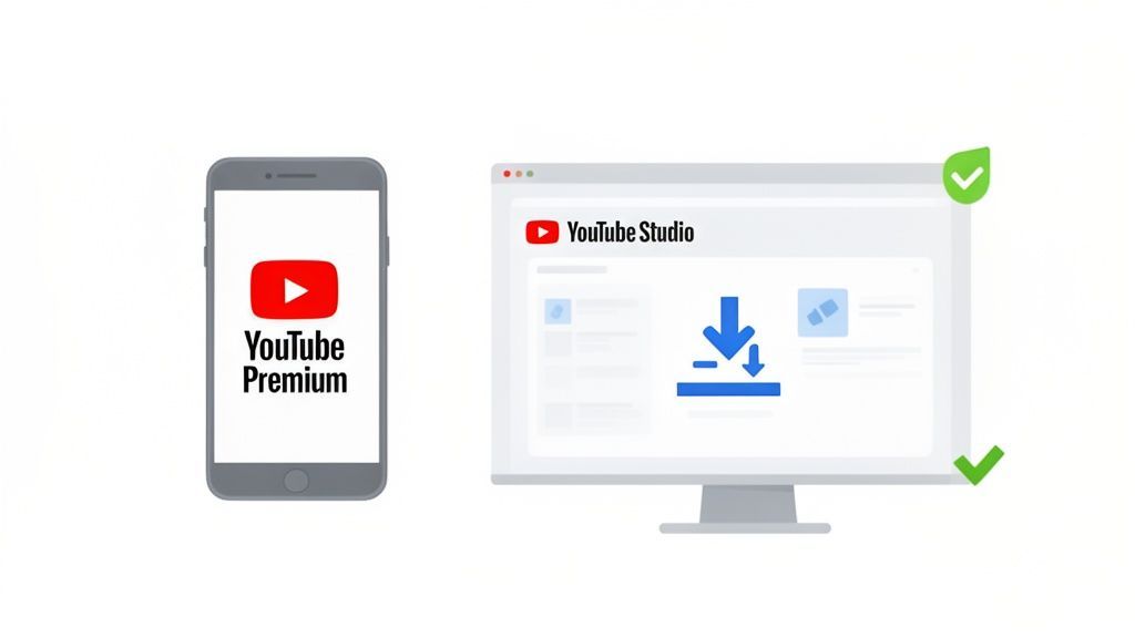 YouTube Premium on a smartphone and YouTube Studio on a computer with a download graphic and green checkmarks.