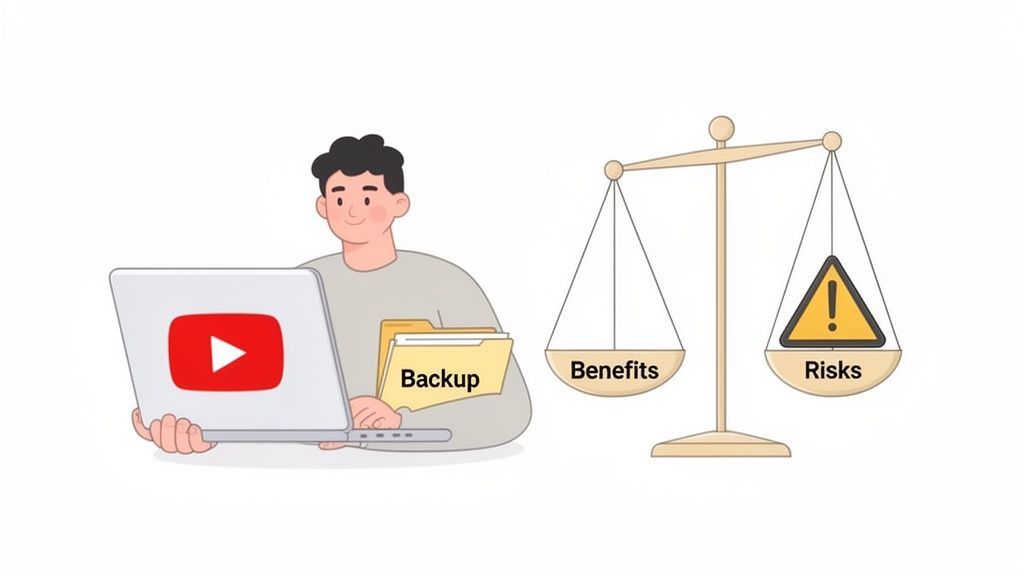A man backing up YouTube videos on a laptop, weighing the benefits against the risks.