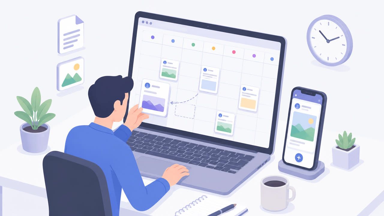 Scheduling LinkedIn posts from a laptop and a phone with a content calendar