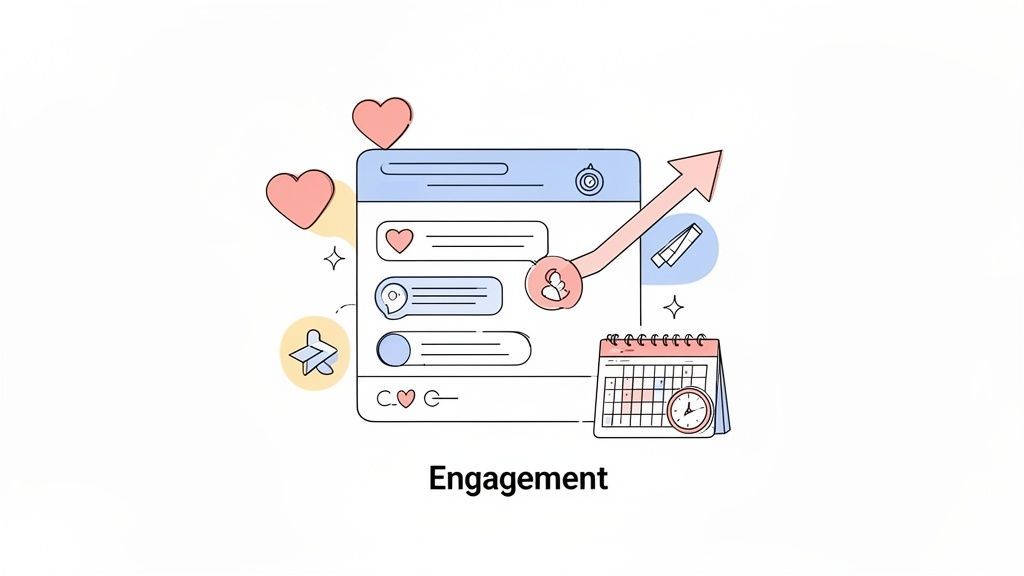 Illustration of social media engagement with hearts, messages, a growth arrow, calendar, and clock.