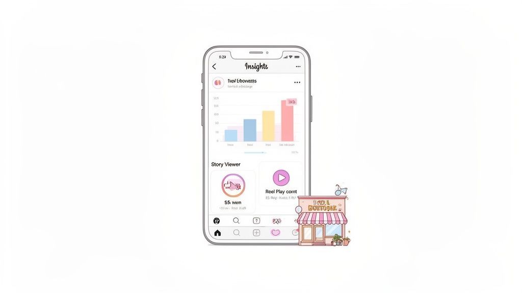 A smartphone displays Instagram Insights, showing account performance metrics like reach and story views, next to a cartoon boutique.