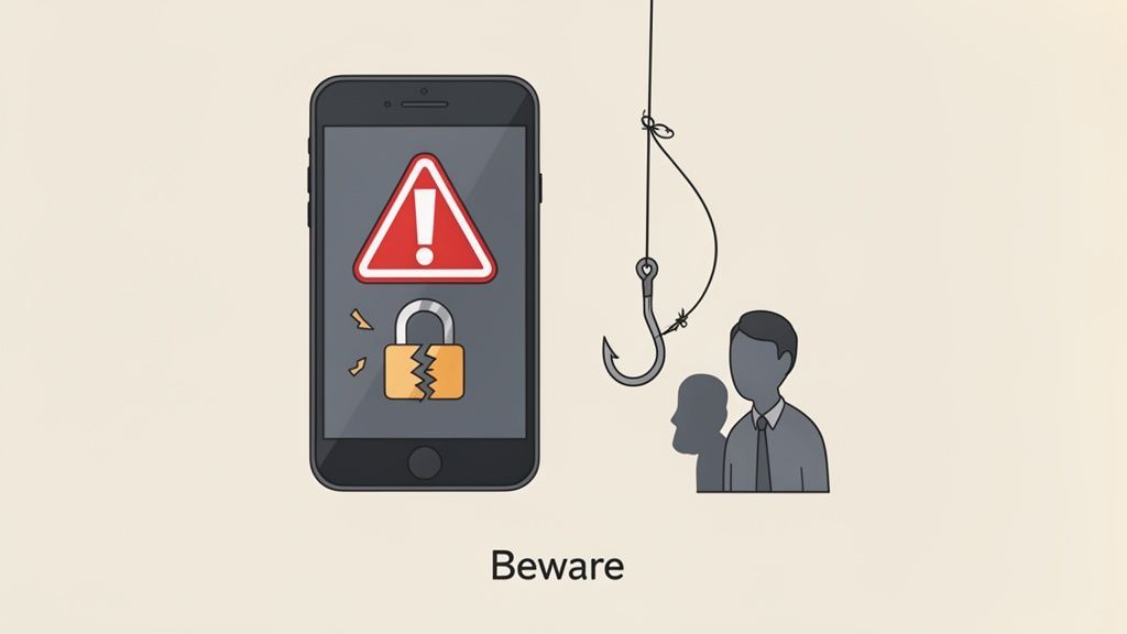 A smartphone displays a warning sign and broken lock, with a fishing hook over a person, signifying online threats.
