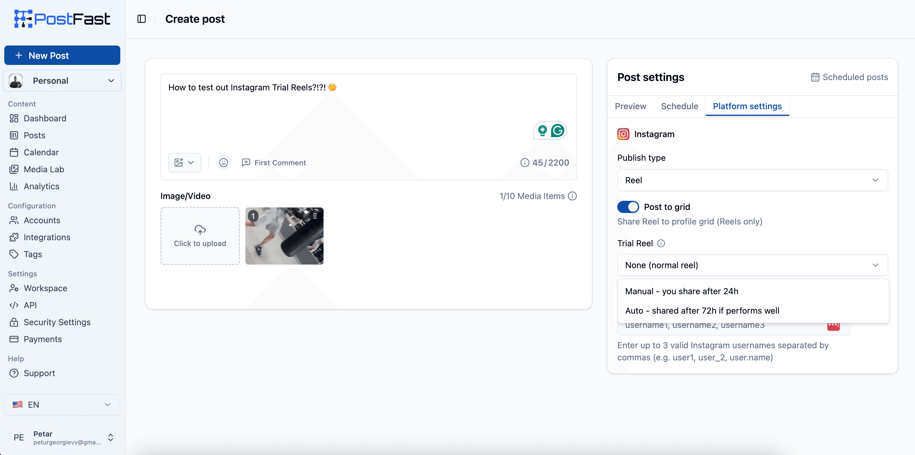 Scheduling Instagram Trial Reels in PostFast