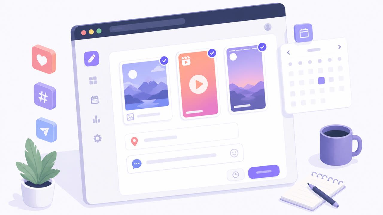 A desktop post composer with feed, Reel and Story options, location tag, first comment and date picker