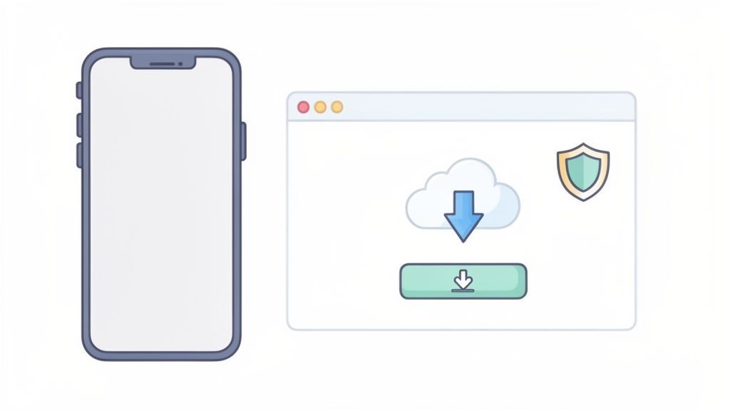 Illustration of a smartphone and a browser window with a cloud download icon and security shield, symbolizing secure content download.