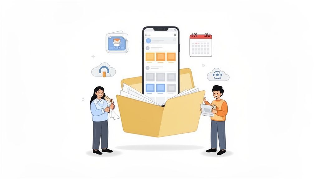 Illustration of two people managing files on a smartphone and tablet, with cloud storage icons.