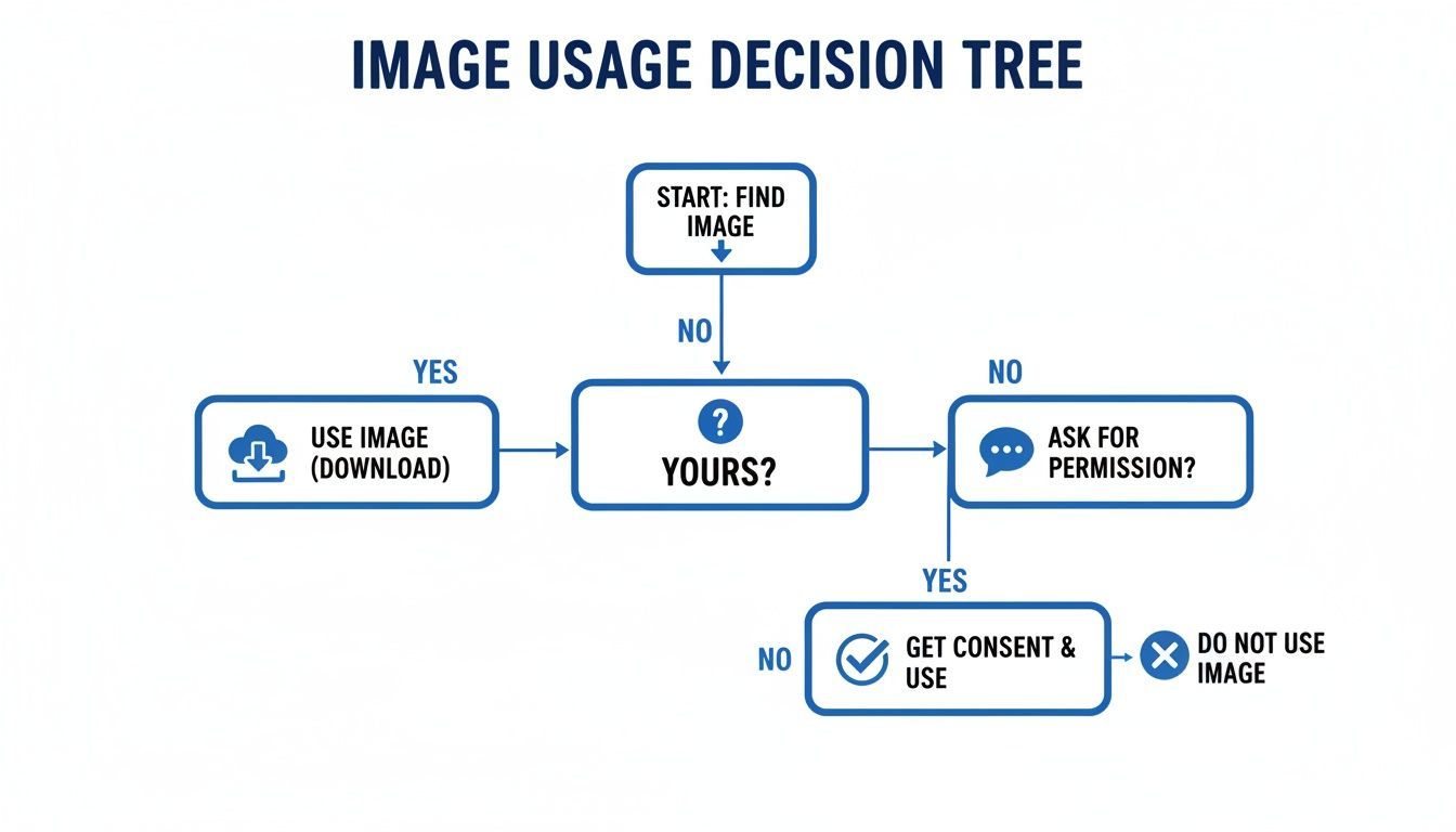 A flowchart decision tree outlining steps for responsible image usage based on ownership and permission.