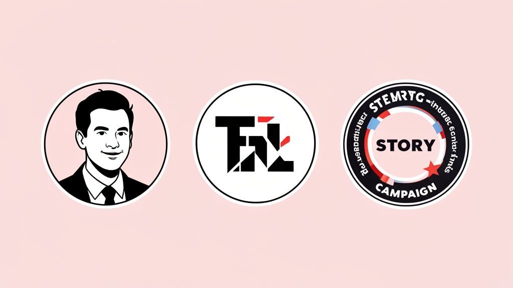 Three circular logos on a light pink background, including a man's profile, a stylized TFL, and a STEMRTC STORY CAMPAIGN logo.