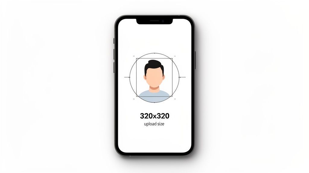 Mobile phone screen displaying an avatar placeholder and recommended 320x320 dimensions for an Instagram profile picture.