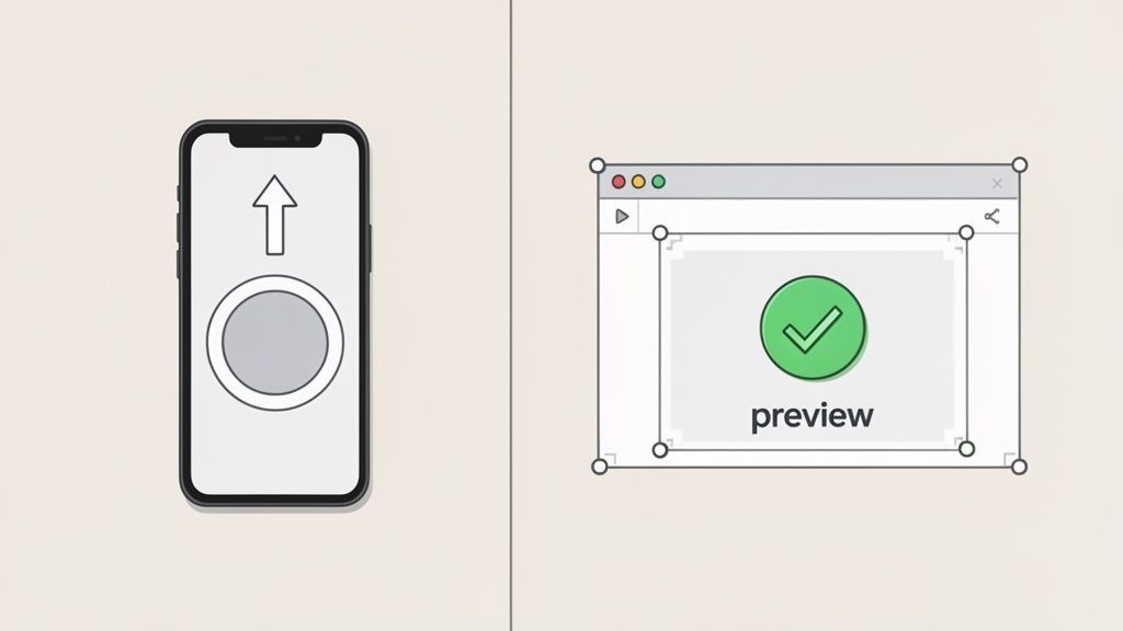 A smartphone showing an upload icon next to a computer screen displaying a successful preview with a green checkmark.
