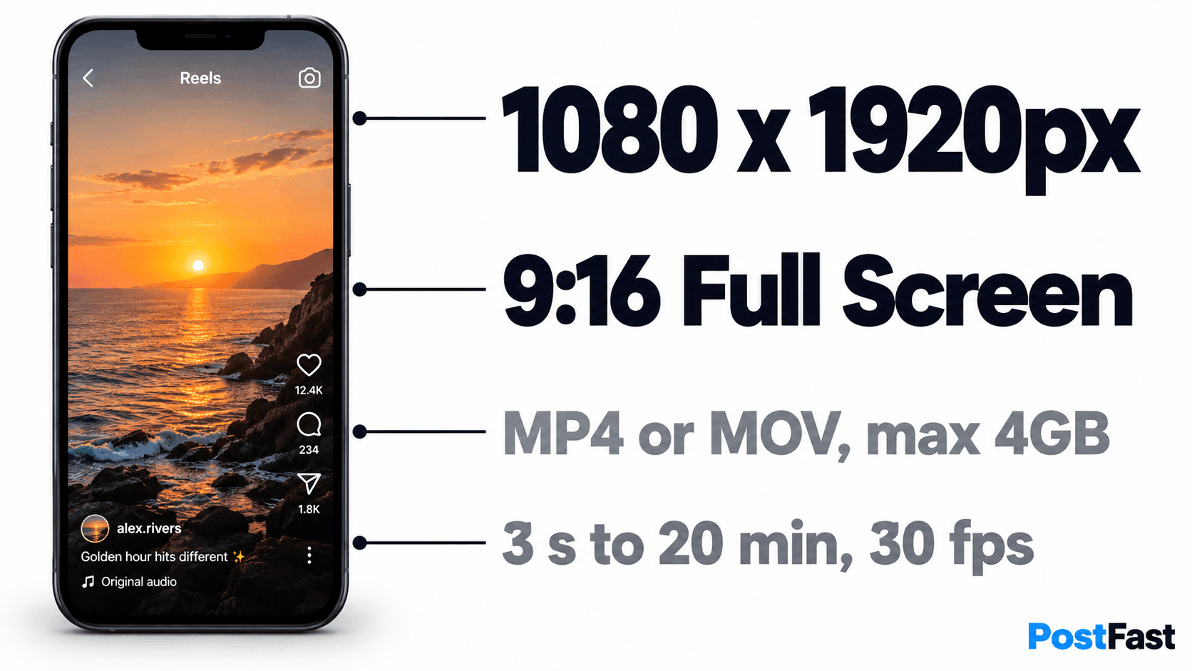 Instagram Reels video dimensions: 1080x1920px full screen 9:16 format, MP4 or MOV, max 4GB, 3 seconds to 20 minutes, 30fps recommended