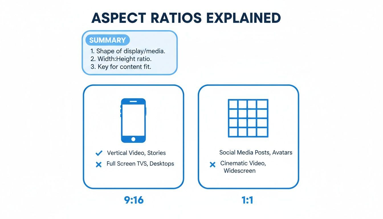 An infographic explaining aspect ratios with examples for 9:16 vertical videos and 1:1 social media posts.