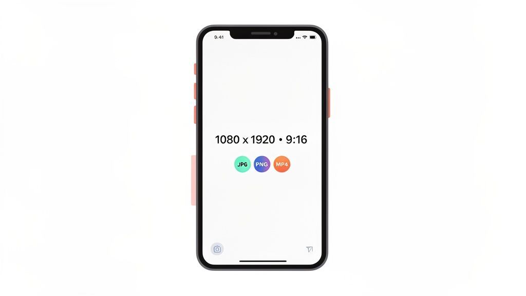 iPhone screen displaying 1080x1920 resolution, 9:16 aspect ratio, and JPG, PNG, MP4 file formats.