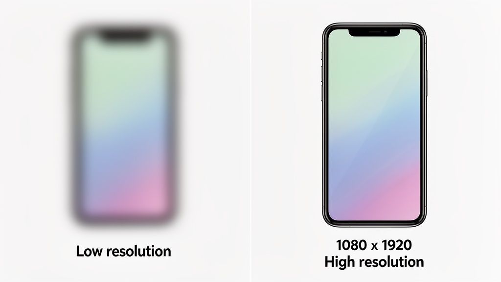 Two iPhones side-by-side, one blurry illustrating low resolution and one sharp showing high resolution.