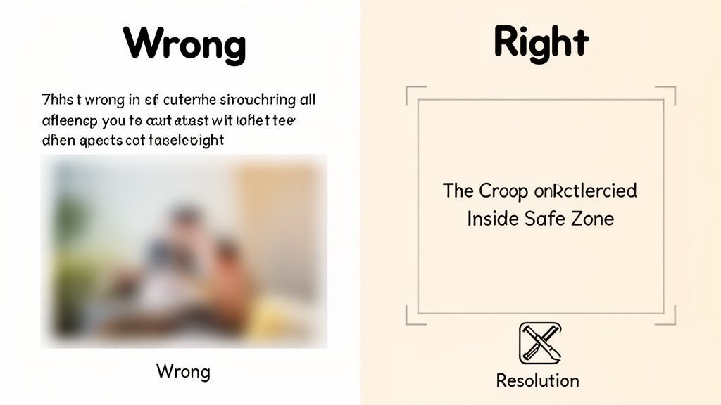 A split image showing a 'Wrong' example with blurry text and image, and a 'Right' example with clear text and a 'Resolution' icon, illustrating good versus bad content presentation.