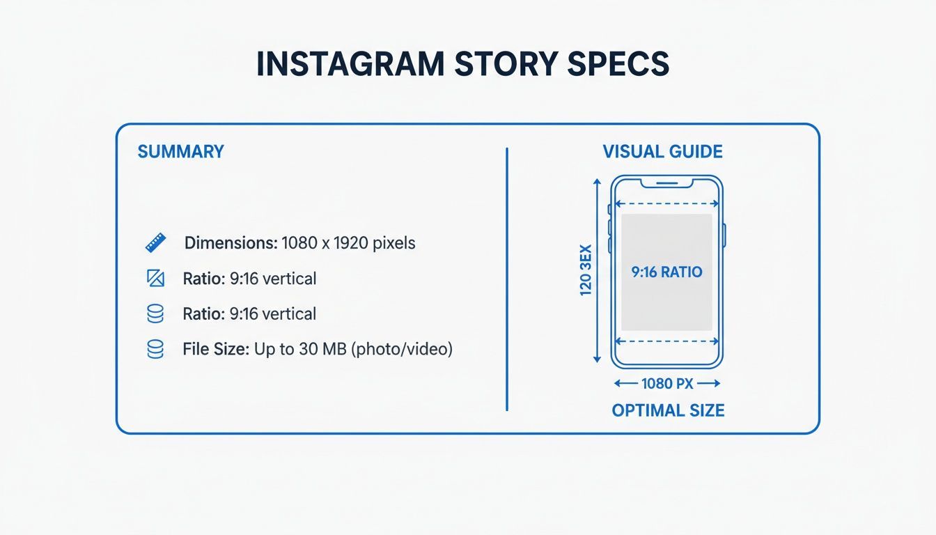 Instagram Story specifications for dimensions, aspect ratio, and file size, with a visual guide.