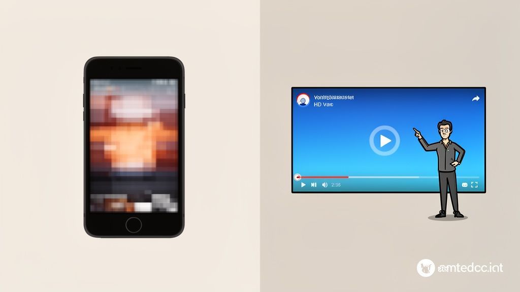 A smartphone displaying a pixelated image next to a video player with a pointing man.
