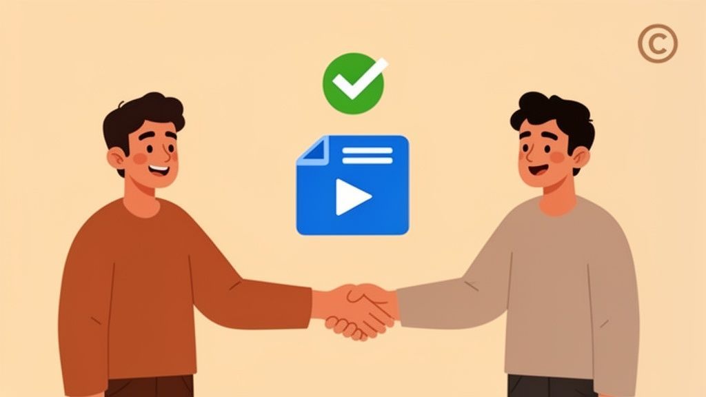 Two cartoon men shaking hands with a video file icon and green checkmark, symbolizing successful agreement.