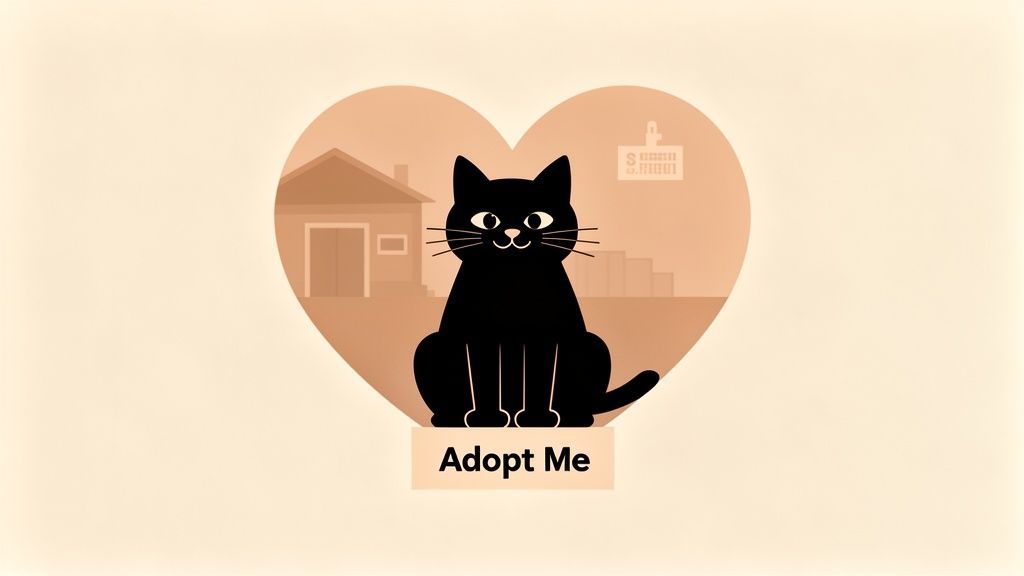 A black cat sits within a heart-shaped background featuring a house and an 'Adopt Me' sign.