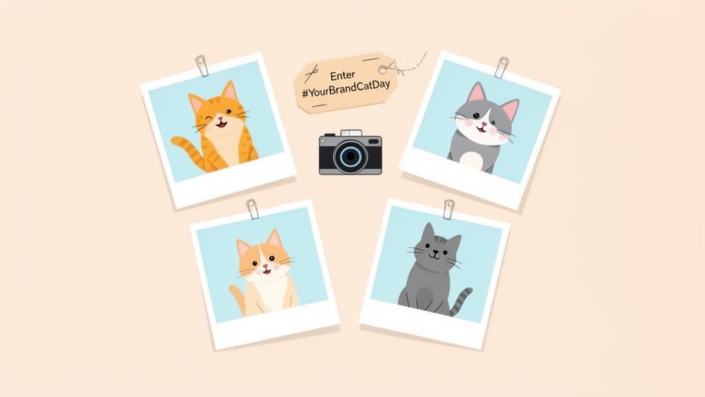 Four polaroid photos of various cartoon cats arranged around a camera and a brand tag with a hashtag.