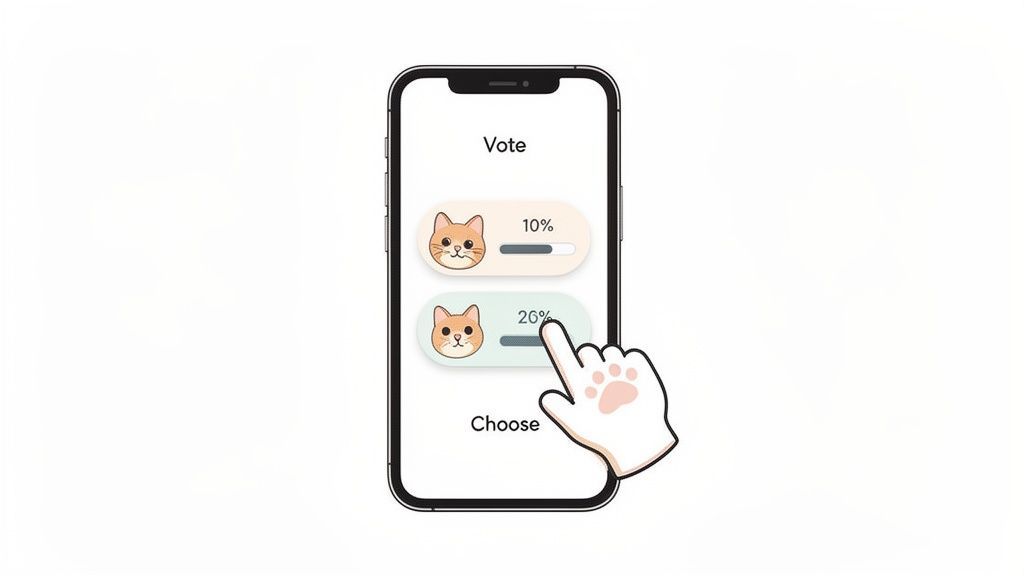 A smartphone displays a cat voting app where a hand selects an option with 26% votes.