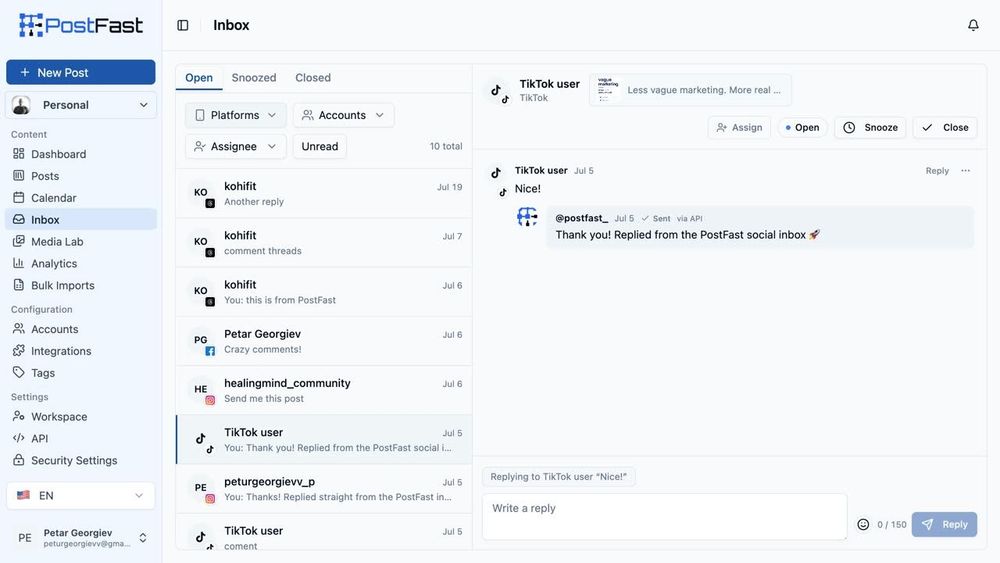 A reply sent through the API shows up in the PostFast inbox thread with a via API badge