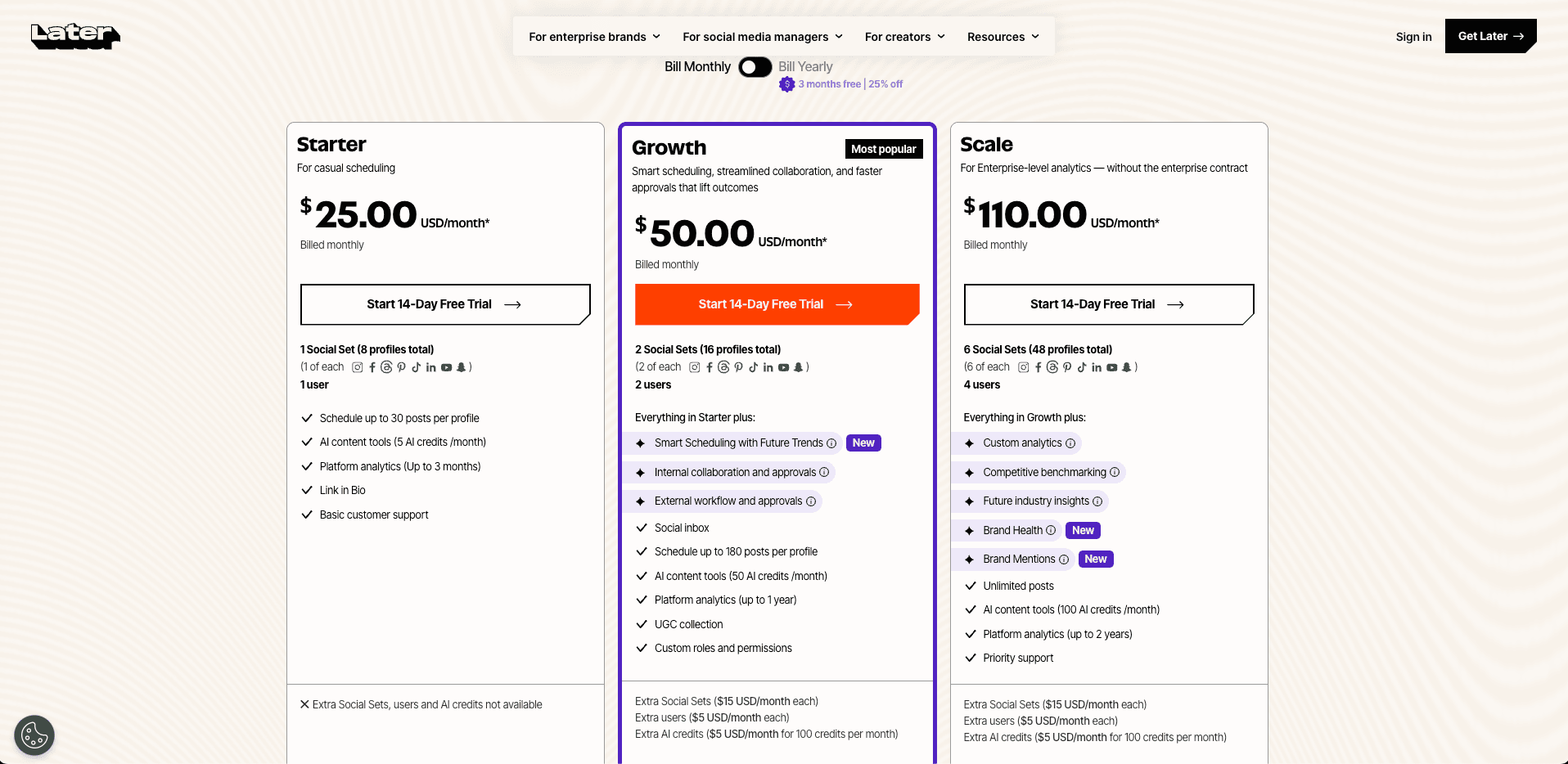 Later pricing page showing $25/mo Starter, $50/mo Growth, and $110/mo Scale plans (billed monthly)